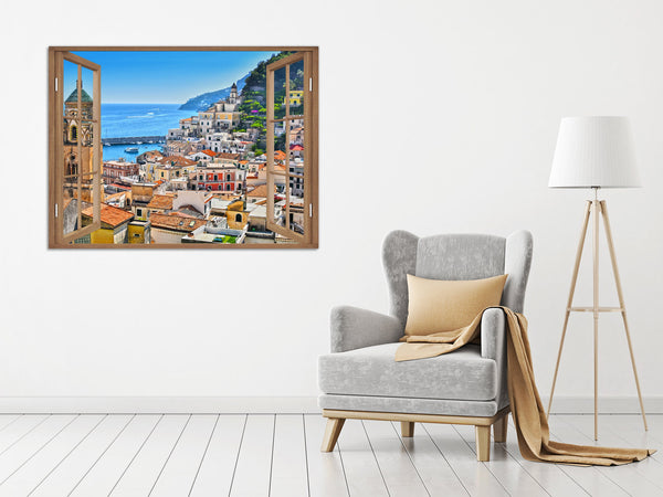 Quadro Finestra Costiera Amalfitana 100x75 cm Stampa su Tela con Telaio in Legno Arredamento Arte Arredo Moderno - Made in Italy