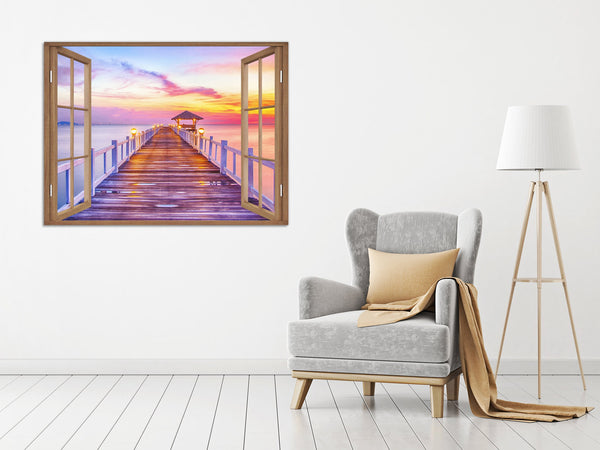 Quadro Finestra tramonto mare 100x75 cm Stampa su Tela con Telaio in Legno Arredamento Arte Arredo Moderno - Made in Italy