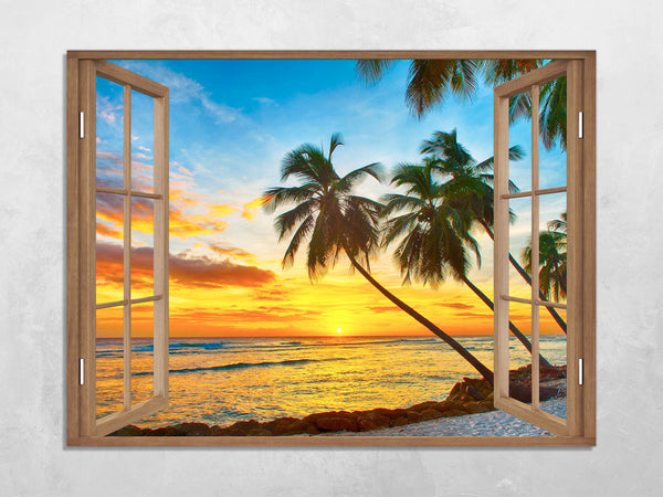 Quadro Finestra isola tropicale tramonto 100x75 cm Stampa su Tela con Telaio in Legno Arredamento Arte Arredo Moderno - Made in Italy