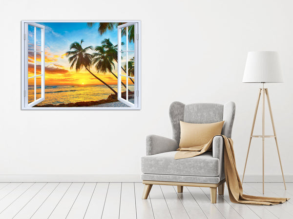 Quadro Finestra isola tropicale tramonto 100x75 cm Stampa su Tela con Telaio in Legno Arredamento Arte Arredo Moderno - Made in Italy