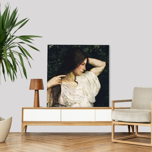 Quadro Stampa su Tela con Telaio in Legno Abbott Handerson Thayer - Girl Arranging Her Hair