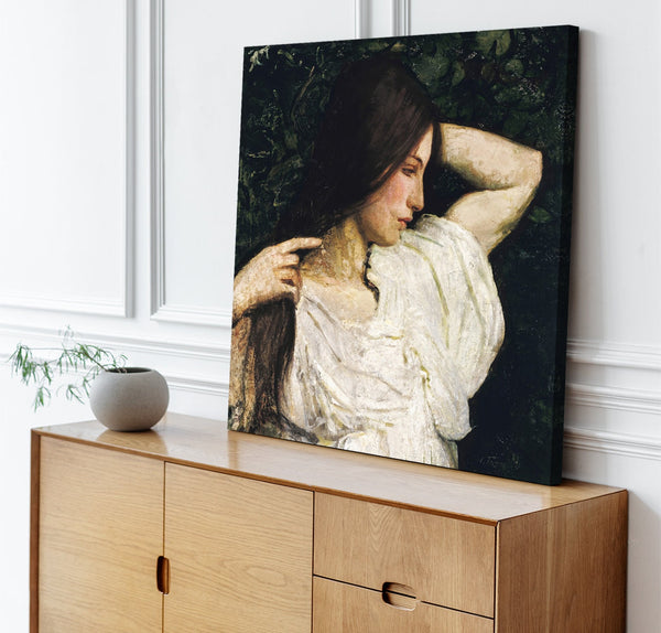 Quadro Stampa su Tela con Telaio in Legno Abbott Handerson Thayer - Girl Arranging Her Hair