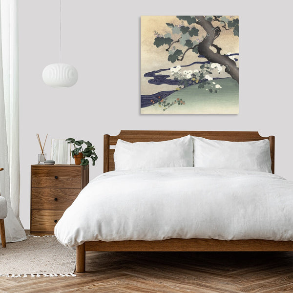 Quadro Stampa su Tela con Telaio in Legno Kogyo Tsukioka - Tree and chrysanthemums