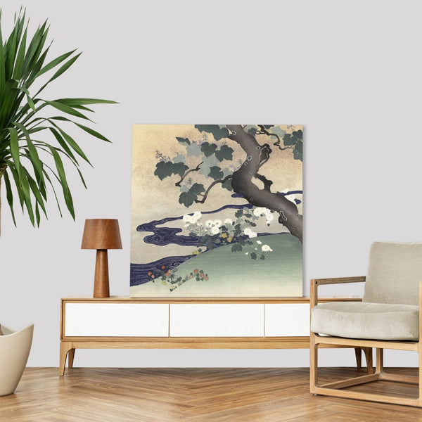 Quadro Stampa su Tela con Telaio in Legno Kogyo Tsukioka - Tree and chrysanthemums