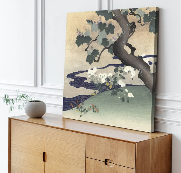 Quadro Stampa su Tela con Telaio in Legno Kogyo Tsukioka - Tree and chrysanthemums
