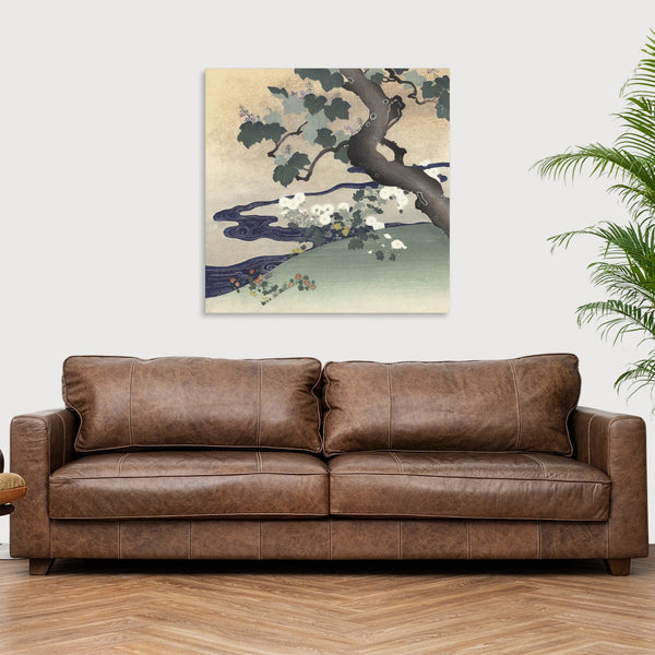 Quadro Stampa su Tela con Telaio in Legno Kogyo Tsukioka - Tree and chrysanthemums