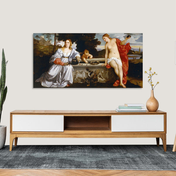 Quadro Stampa su Tela con Telaio in Legno Tiziano - Amor Sacro e Amor Profano