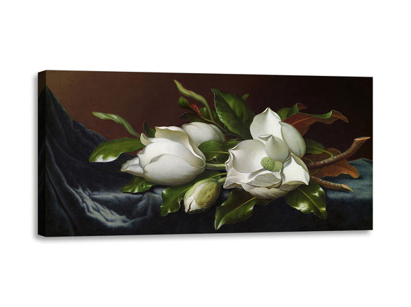 Quadro Stampa su Tela con Telaio in Legno Martin Johnson Heade - Magnolias on Light Blue Velvet Cloth