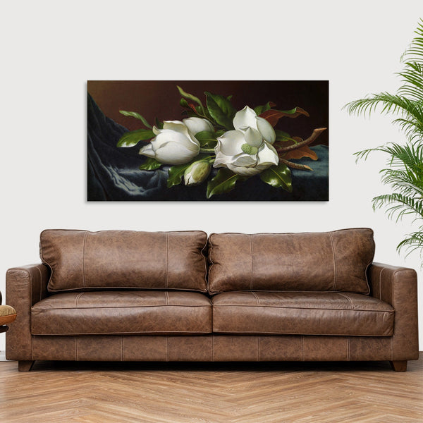 Quadro Stampa su Tela con Telaio in Legno Martin Johnson Heade - Magnolias on Light Blue Velvet Cloth