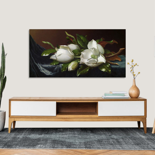 Quadro Stampa su Tela con Telaio in Legno Martin Johnson Heade - Magnolias on Light Blue Velvet Cloth