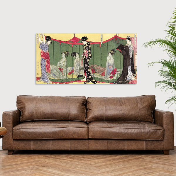 Quadro Stampa su Tela con Telaio in Legno Utamaro Kitagawa - Fujin Tomarikyaku no zu