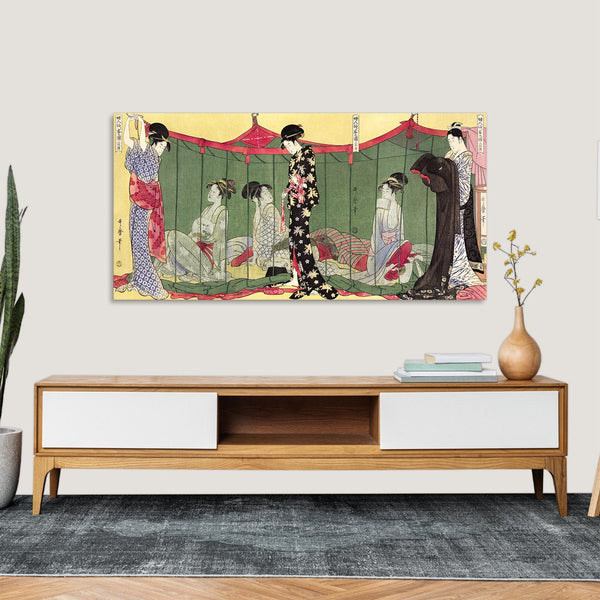 Quadro Stampa su Tela con Telaio in Legno Utamaro Kitagawa - Fujin Tomarikyaku no zu