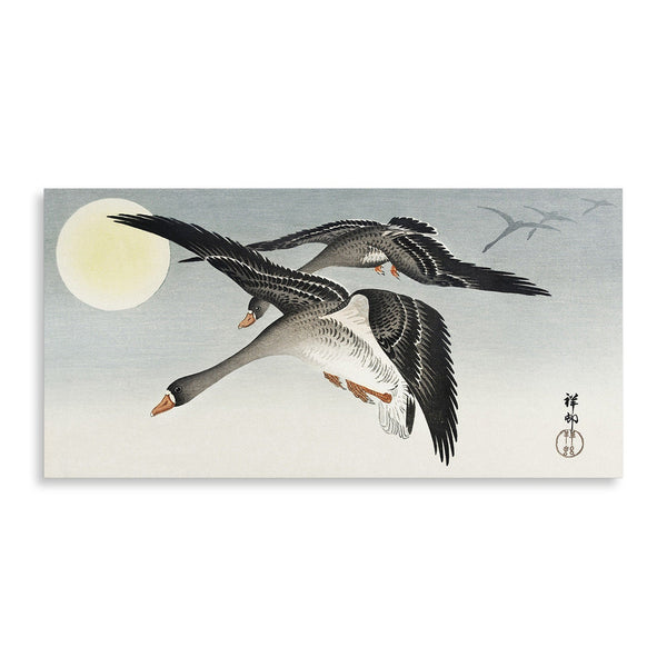 Quadro Stampa su Tela con Telaio in Legno Ohara Koson - Birds at full moon