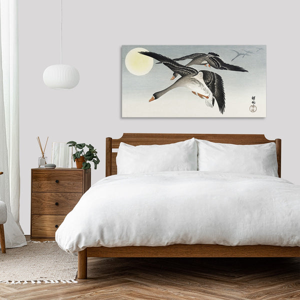 Quadro Stampa su Tela con Telaio in Legno Ohara Koson - Birds at full moon