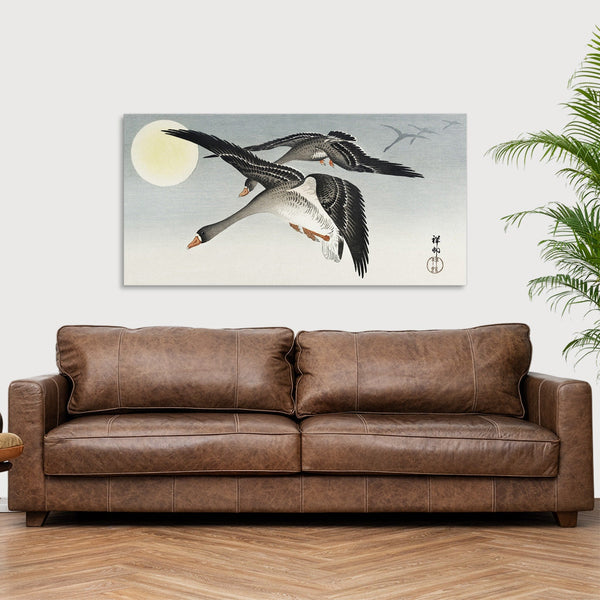 Quadro Stampa su Tela con Telaio in Legno Ohara Koson - Birds at full moon