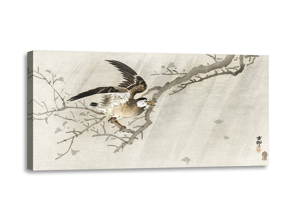 Quadro Stampa su Tela con Telaio in Legno Ohara Koson - Gray starling in storm