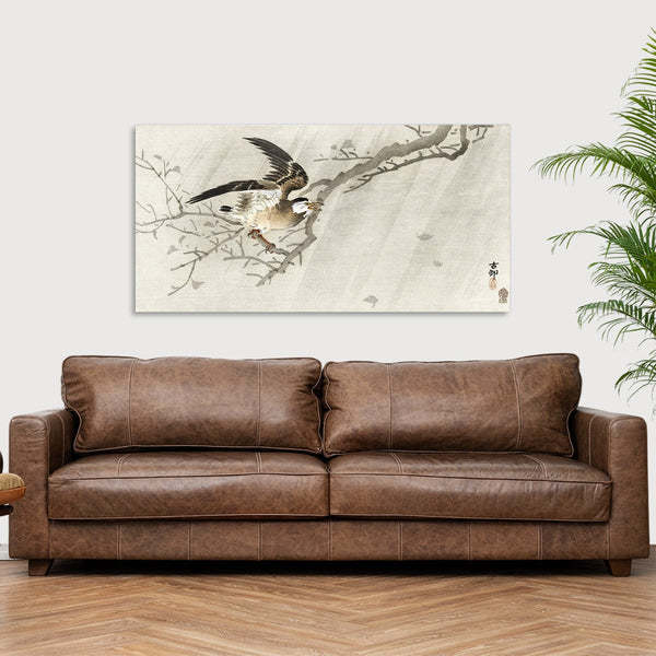 Quadro Stampa su Tela con Telaio in Legno Ohara Koson - Gray starling in storm