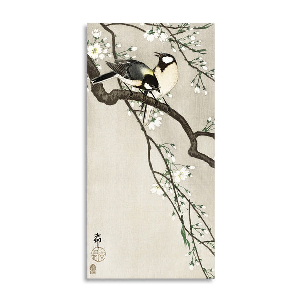 Quadro Stampa su Tela con Telaio in Legno Ohara Koson - Tits on Cherry Branch