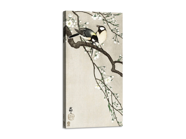 Quadro Stampa su Tela con Telaio in Legno Ohara Koson - Tits on Cherry Branch