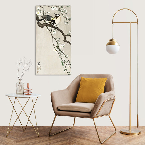 Quadro Stampa su Tela con Telaio in Legno Ohara Koson - Tits on Cherry Branch