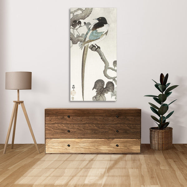 Quadro Stampa su Tela con Telaio in Legno Ohara Koson - Magpie on tree branch