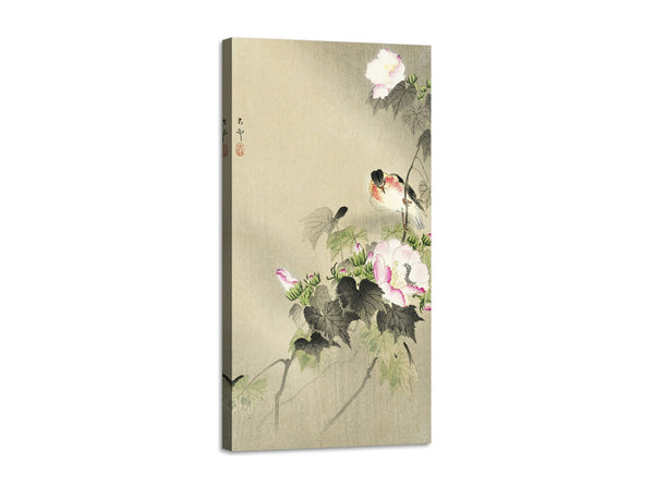 Quadro Stampa su Tela con Telaio in Legno Ohara Koson - Bird and caterpillar