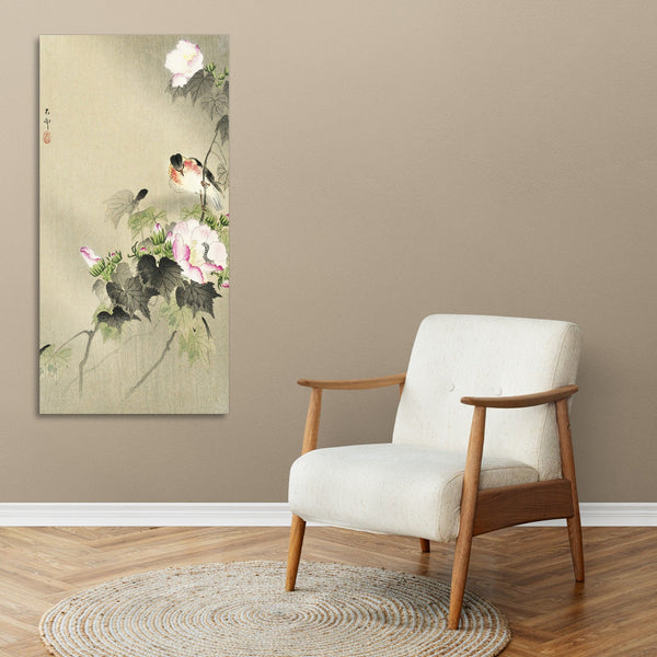 Quadro Stampa su Tela con Telaio in Legno Ohara Koson - Bird and caterpillar