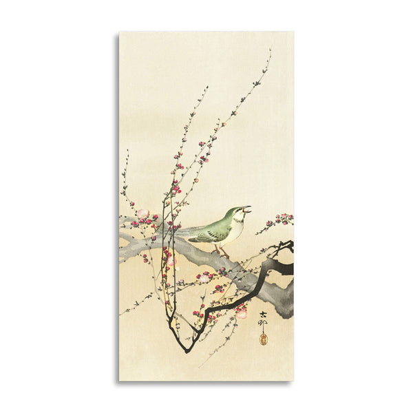 Quadro Stampa su Tela con Telaio in Legno Ohara Koson - Songbird and plum blossom