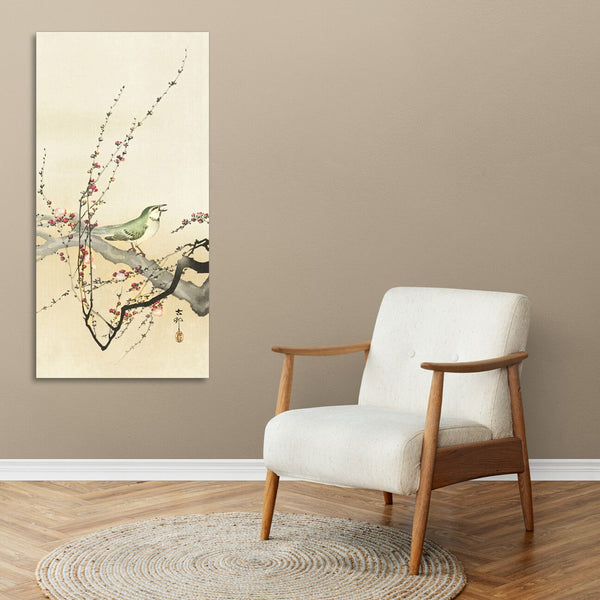 Quadro Stampa su Tela con Telaio in Legno Ohara Koson - Songbird and plum blossom