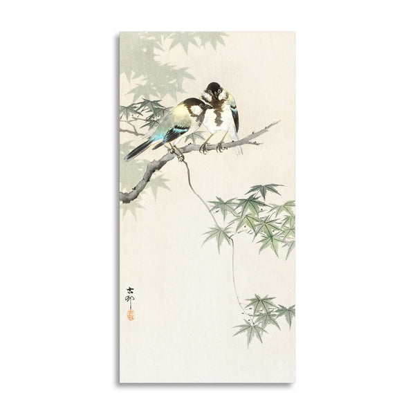 Quadro Stampa su Tela con Telaio in Legno Ohara Koson - Great tits on maple branch