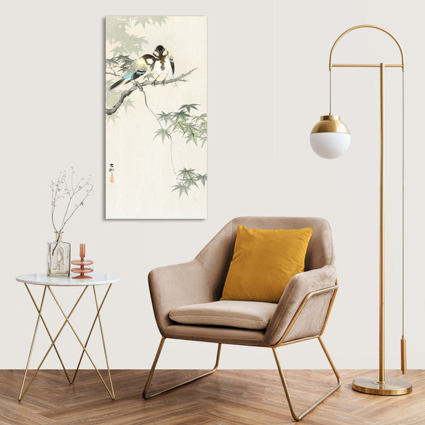 Quadro Stampa su Tela con Telaio in Legno Ohara Koson - Great tits on maple branch