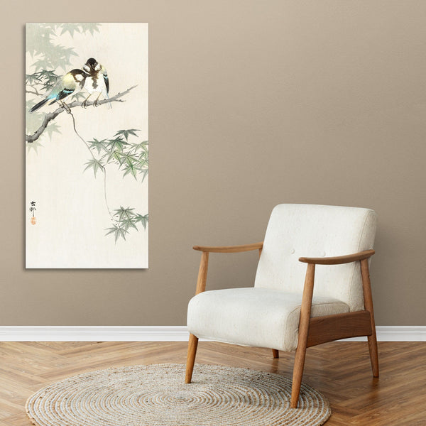 Quadro Stampa su Tela con Telaio in Legno Ohara Koson - Great tits on maple branch