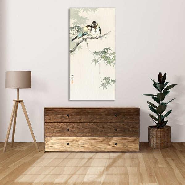 Quadro Stampa su Tela con Telaio in Legno Ohara Koson - Great tits on maple branch