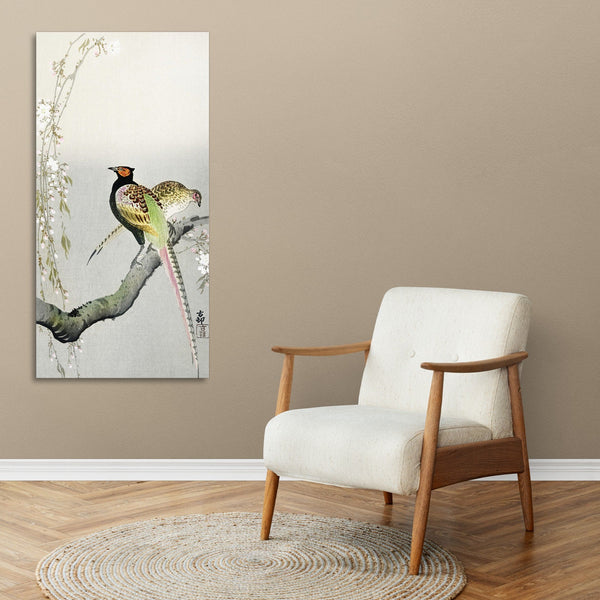 Quadro Stampa su Tela con Telaio in Legno Ohara Koson - Couple pheasants and cherry blossom