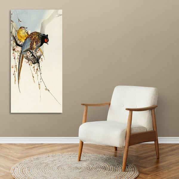 Quadro Stampa su Tela con Telaio in Legno Ohara Koson - Pheasant couple and plum blossom
