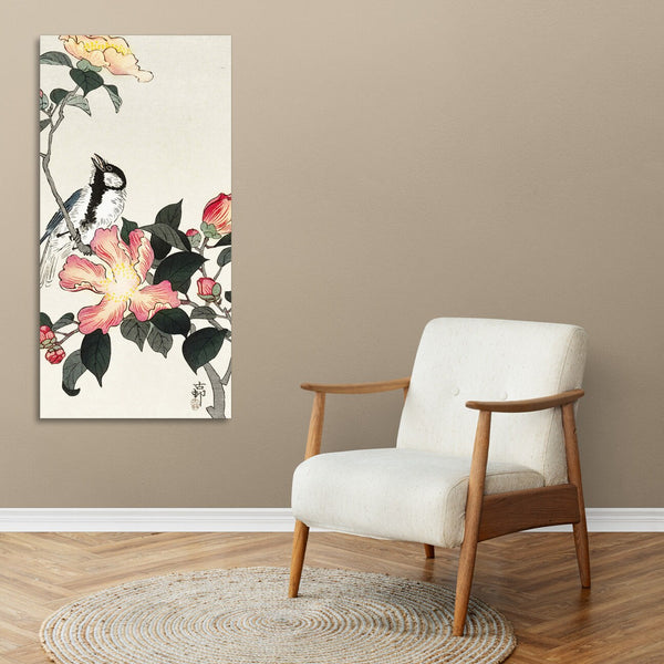 Quadro Stampa su Tela con Telaio in Legno Ohara Koson - Great tit on branch with pink flowers