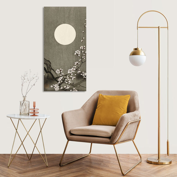 Quadro Stampa su Tela con Telaio in Legno Ohara Koson - Blooming plum blossom at full moon