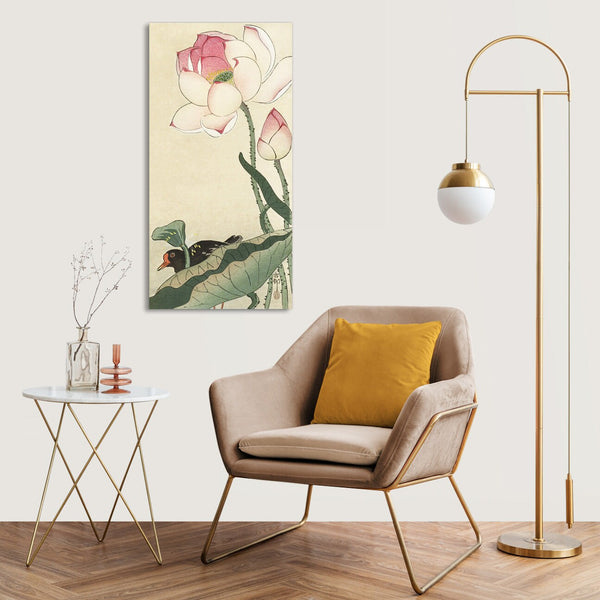 Quadro Stampa su Tela con Telaio in Legno Ohara Koson - Gallinule with Lotus Flowers