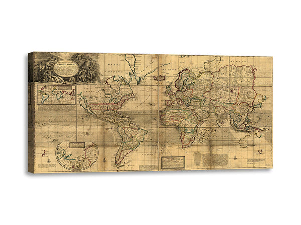 Quadro Stampa su Tela con Telaio in Legno Herman Moll - A New & Correct Map of the Whole World