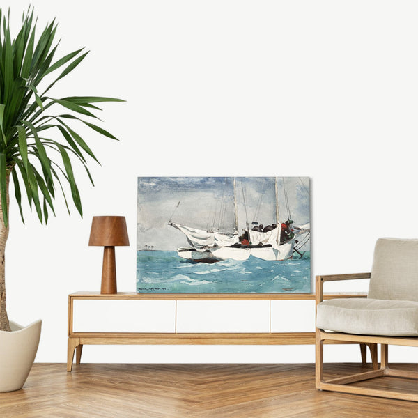 Quadro Stampa su Tela con Telaio in Legno Winslow Homer - Key West, Hauling Anchor