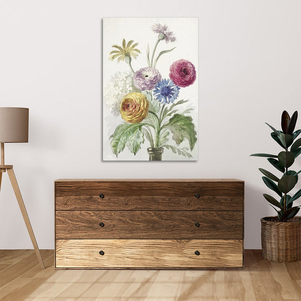 Quadro Stampa su Tela con Telaio in Legno Willem van Leen - Boeket bloemen in de hals van een groene vaas