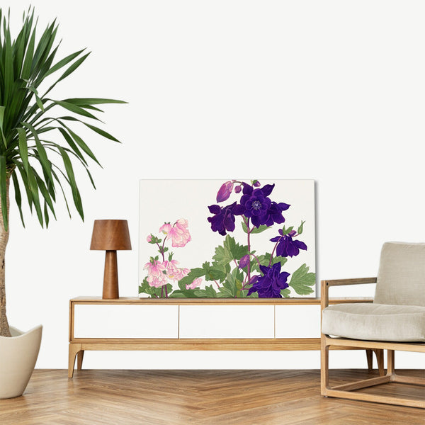 Quadro Stampa su Tela con Telaio in Legno Seiyo Soka Zufu - Aquilegia flower