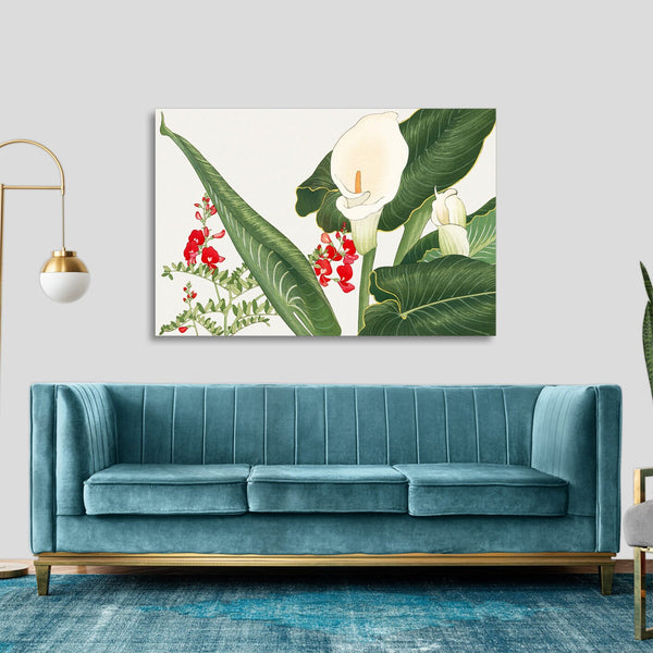 Quadro Stampa su Tela con Telaio in Legno Seiyo Soka Zufu - Lathyrus & calla lily flower