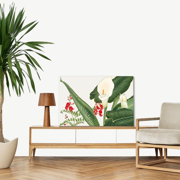 Quadro Stampa su Tela con Telaio in Legno Seiyo Soka Zufu - Lathyrus & calla lily flower