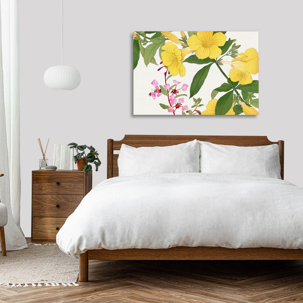 Quadro Stampa su Tela con Telaio in Legno Seiyo Soka Zufu - Vintage clarkia & allamanda flower