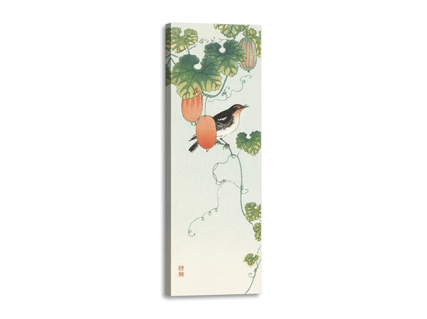 Quadro Stampa su Tela con Telaio in Legno Ohara Koson - Songbird in cucumber plant