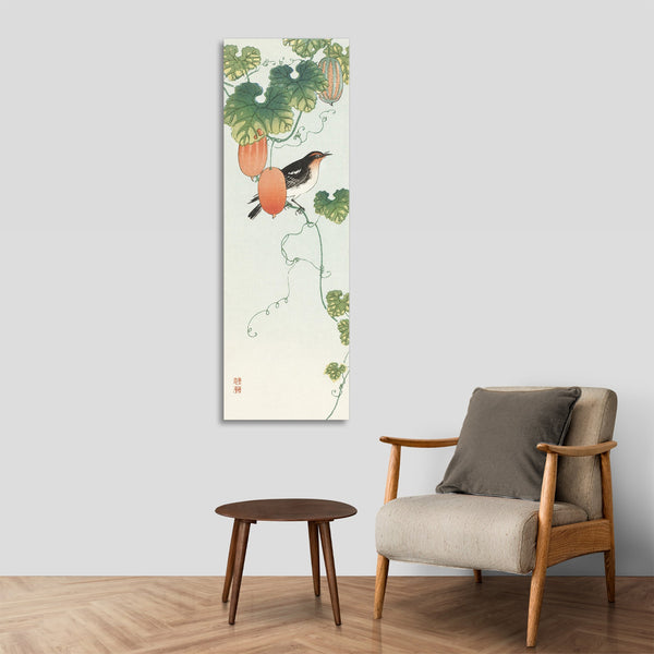 Quadro Stampa su Tela con Telaio in Legno Ohara Koson - Songbird in cucumber plant