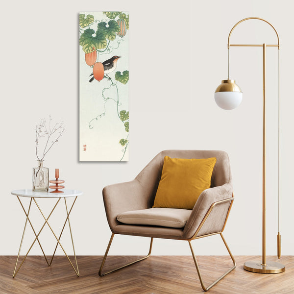 Quadro Stampa su Tela con Telaio in Legno Ohara Koson - Songbird in cucumber plant