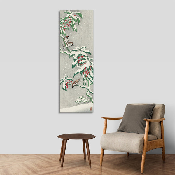 Quadro Stampa su Tela con Telaio in Legno Ohara Koson - Sparrows on snowy berry bush