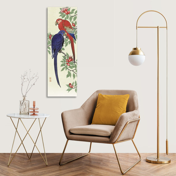 Quadro Stampa su Tela con Telaio in Legno Ohara Koson - Red and a blue parrot